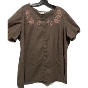Brown Short Sleeve Embroidered Button-Front Boho